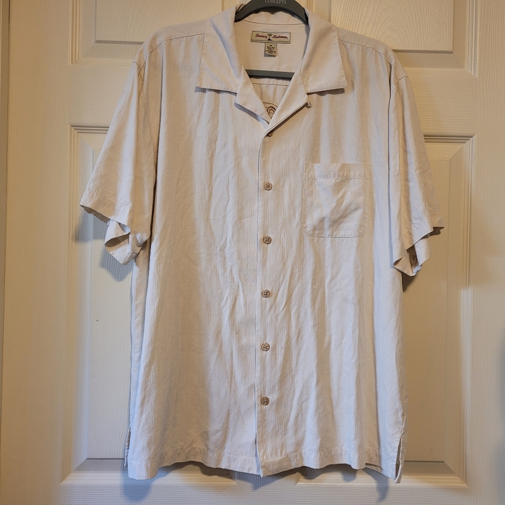 Tommy Bahama Silk Shirt Embroidered Ivory Size M Short Sleeve
